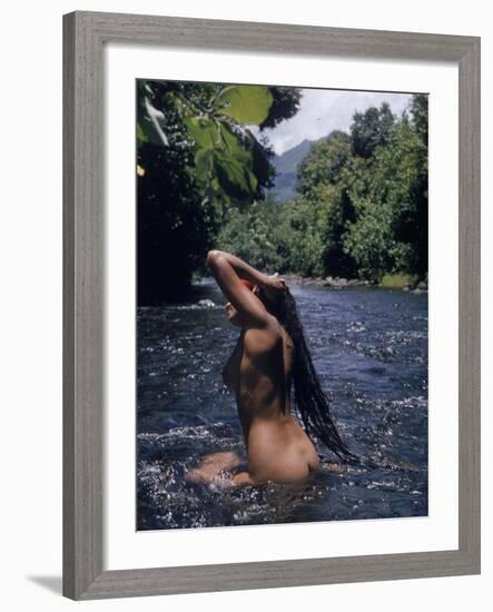 Naked Tahitian Woman Bathing in a River-null-Framed Photographic Print