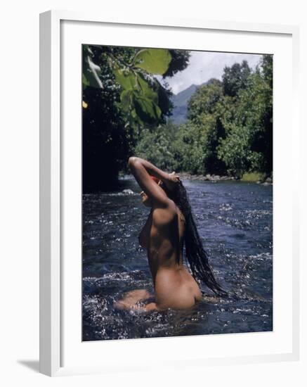 Naked Tahitian Woman Bathing in a River-null-Framed Photographic Print