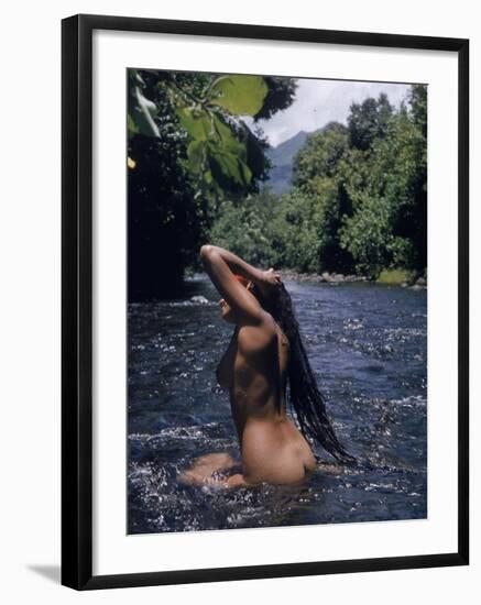 Naked Tahitian Woman Bathing in a River-null-Framed Photographic Print