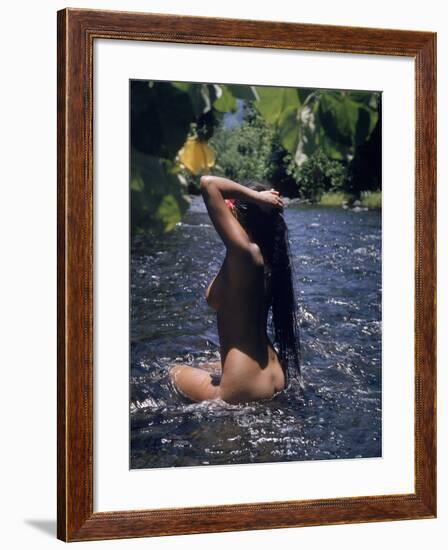 Naked Tahitian Woman Bathing in a River-null-Framed Photographic Print