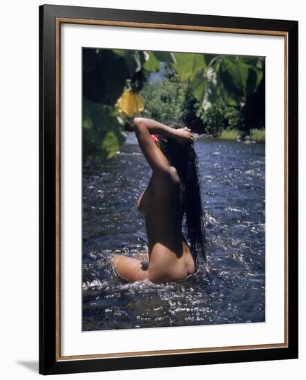 Naked Tahitian Woman Bathing in a River-null-Framed Photographic Print