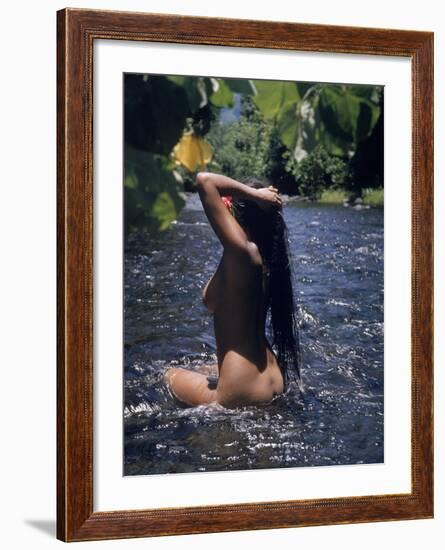 Naked Tahitian Woman Bathing in a River-null-Framed Photographic Print