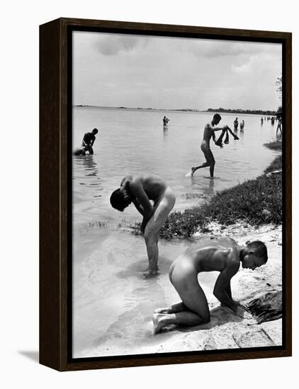 Naked Us Soldiers Bathing in the Pacific Ocean During a Lull in the Fighting on Saipan-Peter Stackpole-Framed Premier Image Canvas