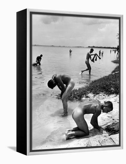 Naked Us Soldiers Bathing in the Pacific Ocean During a Lull in the Fighting on Saipan-Peter Stackpole-Framed Premier Image Canvas