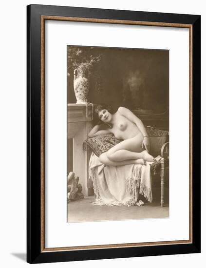 Naked Woman by Fireplace-null-Framed Art Print