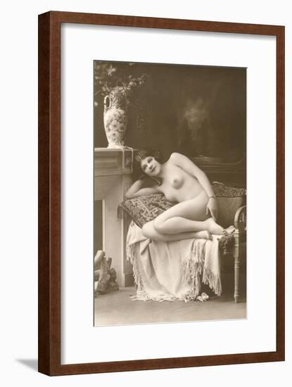 Naked Woman by Fireplace-null-Framed Art Print