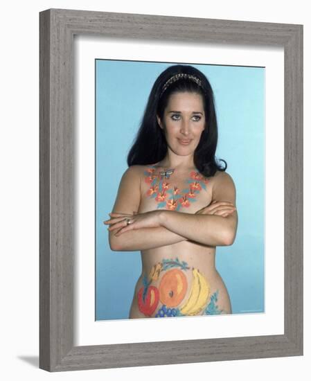 Naked Woman Models Body Paint, consisting of Lei Around Her Neck and Pieces of Fruit on Abdomen-Ralph Crane-Framed Photographic Print