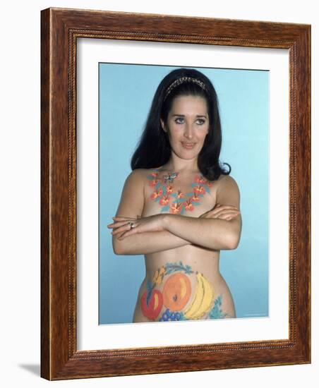 Naked Woman Models Body Paint, consisting of Lei Around Her Neck and Pieces of Fruit on Abdomen-Ralph Crane-Framed Photographic Print