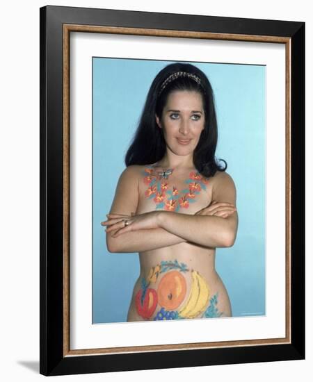 Naked Woman Models Body Paint, consisting of Lei Around Her Neck and Pieces of Fruit on Abdomen-Ralph Crane-Framed Photographic Print