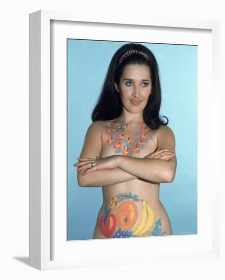 Naked Woman Models Body Paint, consisting of Lei Around Her Neck and Pieces of Fruit on Abdomen-Ralph Crane-Framed Photographic Print