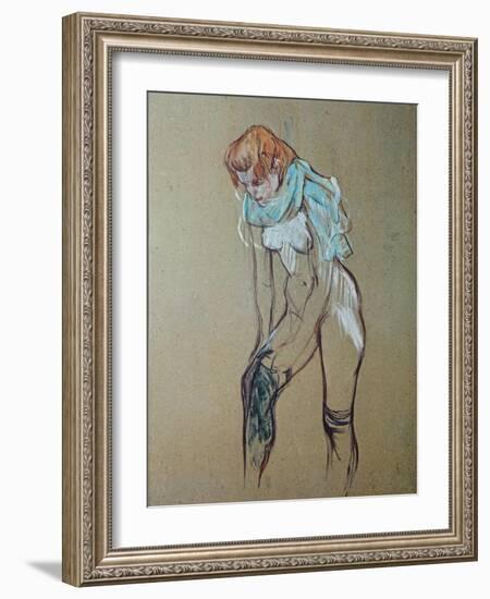 Naked Woman Putting a Stocking On-Henri de Toulouse-Lautrec-Framed Art Print