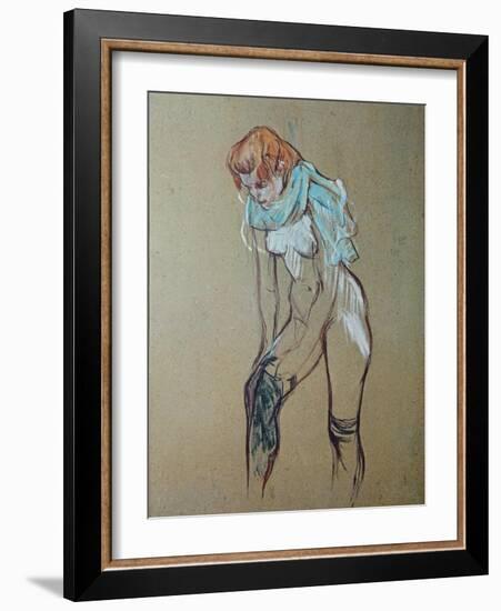 Naked Woman Putting a Stocking On-Henri de Toulouse-Lautrec-Framed Art Print