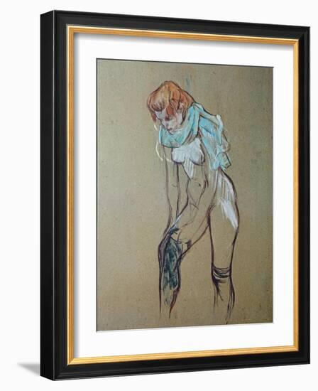 Naked Woman Putting a Stocking On-Henri de Toulouse-Lautrec-Framed Art Print