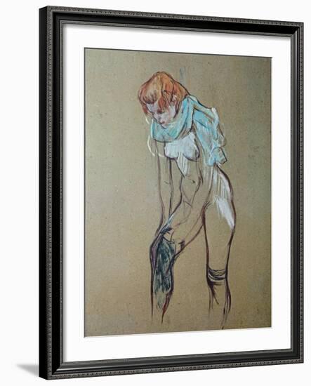 Naked Woman Putting a Stocking On-Henri de Toulouse-Lautrec-Framed Art Print