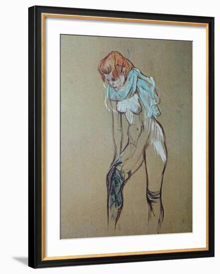 Naked Woman Putting a Stocking On-Henri de Toulouse-Lautrec-Framed Art Print