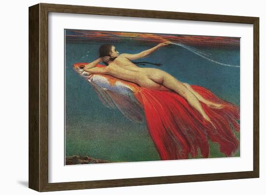 Naked Woman Riding Large Gold Fish-null-Framed Art Print