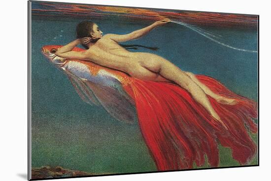Naked Woman Riding Large Gold Fish-null-Mounted Art Print