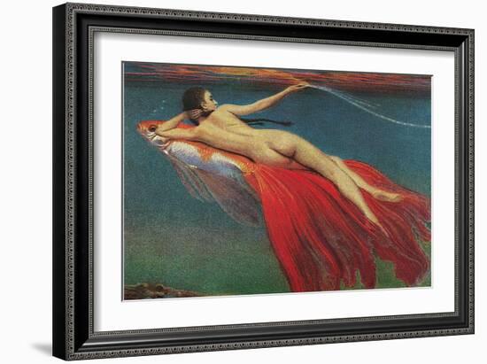 Naked Woman Riding Large Gold Fish-null-Framed Art Print