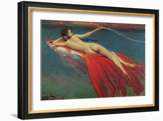 Naked Woman Riding Large Gold Fish-null-Framed Art Print