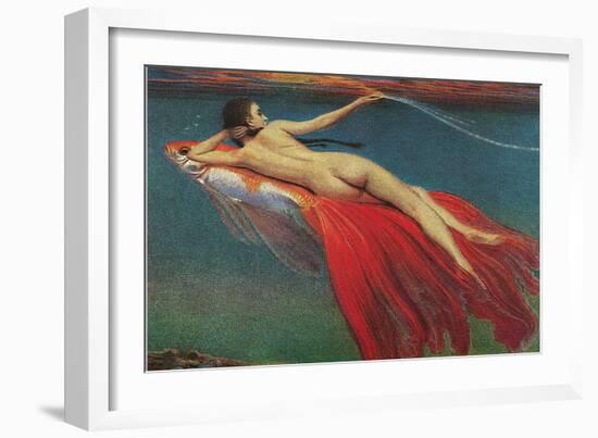 Naked Woman Riding Large Gold Fish-null-Framed Premium Giclee Print