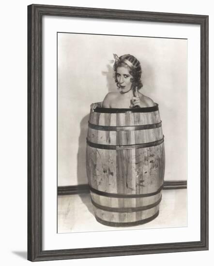 Naked Woman Sitting in Wooden Barrel-null-Framed Photo
