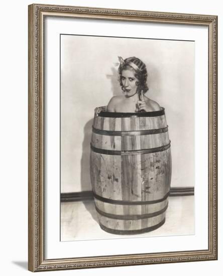 Naked Woman Sitting in Wooden Barrel-null-Framed Photo