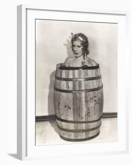 Naked Woman Sitting in Wooden Barrel-null-Framed Photo