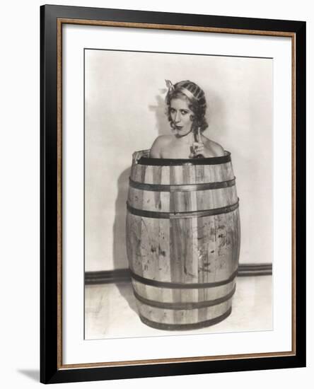 Naked Woman Sitting in Wooden Barrel-null-Framed Photo