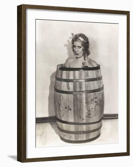 Naked Woman Sitting in Wooden Barrel-null-Framed Photo