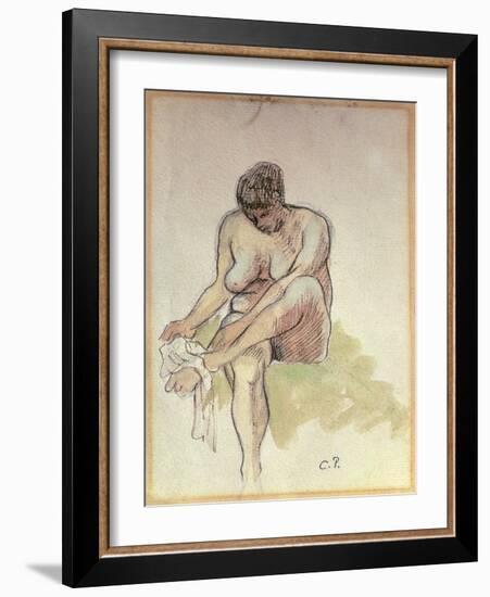 Naked Woman Wiping Left Foot (Pencil, Wash and Pen and Sepia Ink on Paper)-Camille Pissarro-Framed Giclee Print