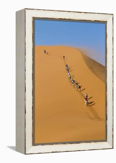 Namibia, Namib-Naukluft National Park, Sossusvlei. Tourists climbing Dune 45.-Ellen Goff-Framed Premier Image Canvas