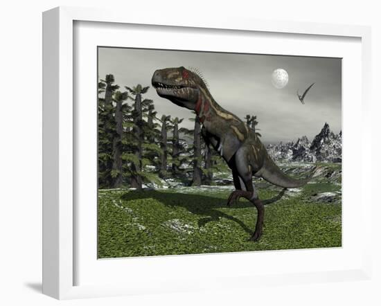 Nanotyrannus Dinosaur Amongst Tempskya Trees at Night-Stocktrek Images-Framed Art Print