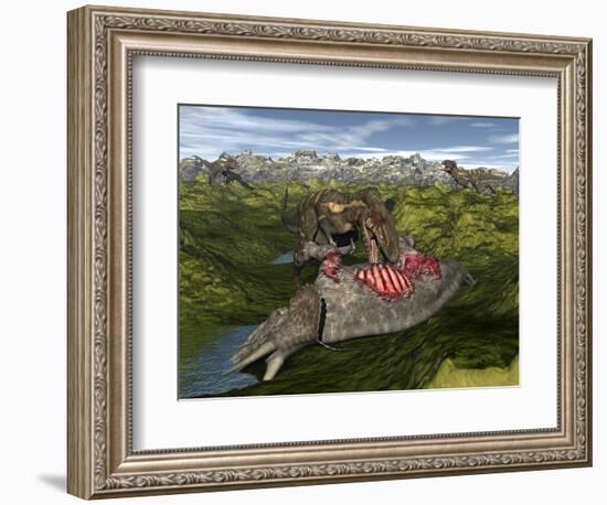 Nanotyrannus Eating the Carcass of a Dead Triceratops-Stocktrek Images-Framed Premium Giclee Print