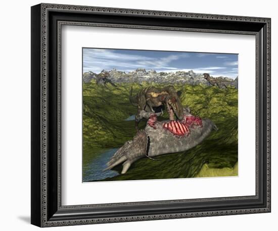 Nanotyrannus Eating the Carcass of a Dead Triceratops-Stocktrek Images-Framed Premium Giclee Print