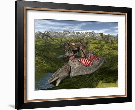 Nanotyrannus Eating the Carcass of a Dead Triceratops-Stocktrek Images-Framed Art Print