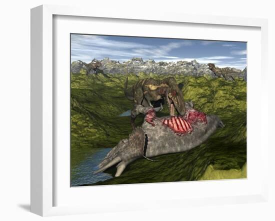Nanotyrannus Eating the Carcass of a Dead Triceratops-Stocktrek Images-Framed Art Print