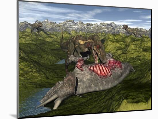 Nanotyrannus Eating the Carcass of a Dead Triceratops-Stocktrek Images-Mounted Art Print