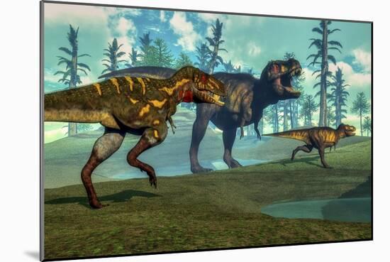 Nanotyrannus Hunting a Small Tyrannosaurus Next to its Parent-Stocktrek Images-Mounted Art Print