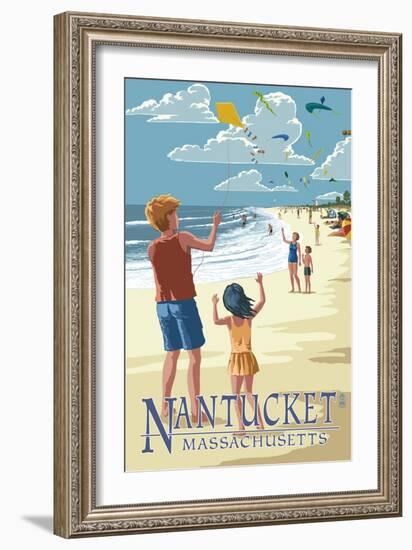 Nantucket, Massachusetts - Kite Flyers-Lantern Press-Framed Art Print