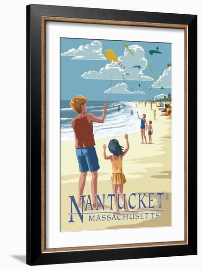 Nantucket, Massachusetts - Kite Flyers-Lantern Press-Framed Art Print