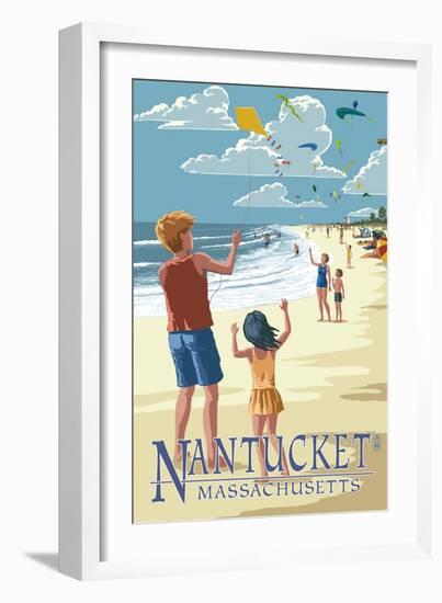 Nantucket, Massachusetts - Kite Flyers-Lantern Press-Framed Art Print