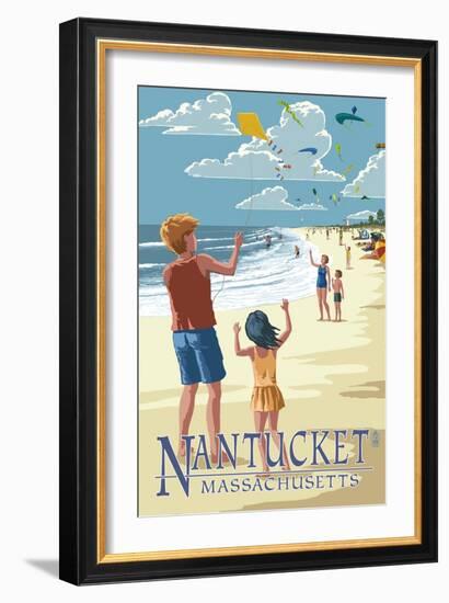 Nantucket, Massachusetts - Kite Flyers-Lantern Press-Framed Art Print