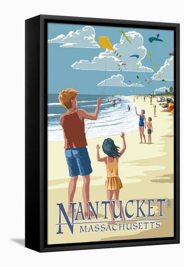 Nantucket, Massachusetts - Kite Flyers-Lantern Press-Framed Stretched Canvas