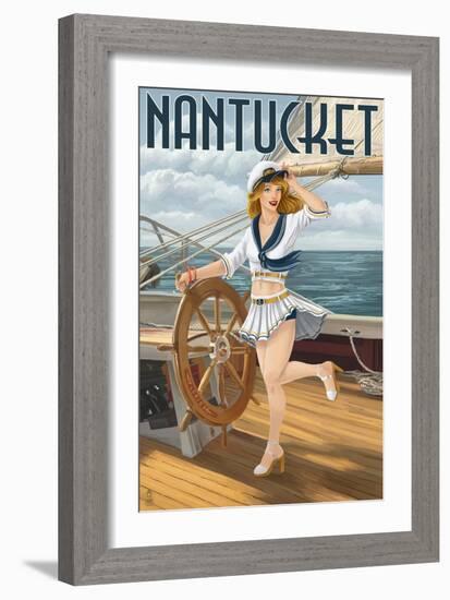 Nantucket, Massachusetts - Pinup Girl Sailing-Lantern Press-Framed Art Print