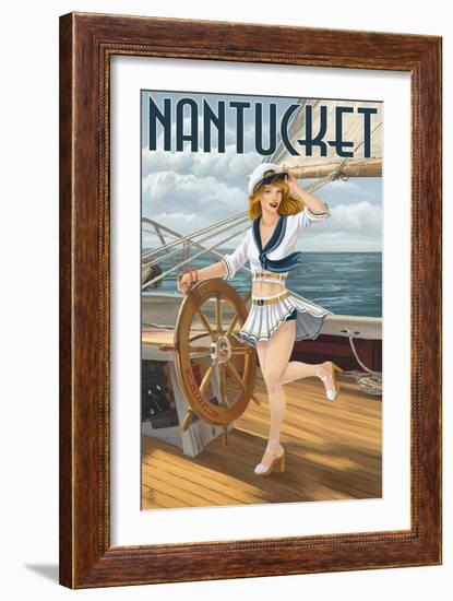 Nantucket, Massachusetts - Pinup Girl Sailing-Lantern Press-Framed Art Print