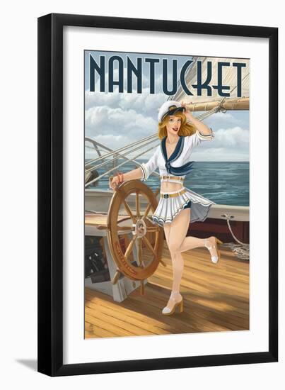 Nantucket, Massachusetts - Pinup Girl Sailing-Lantern Press-Framed Art Print