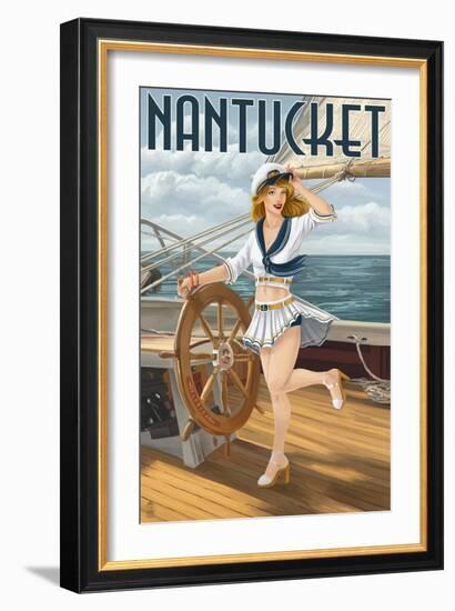 Nantucket, Massachusetts - Pinup Girl Sailing-Lantern Press-Framed Art Print