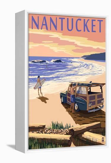 Nantucket, Massachusetts - Woody on Beach-Lantern Press-Framed Stretched Canvas