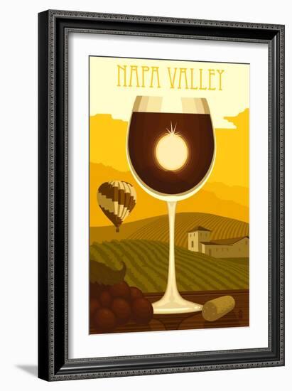 Napa Valley, California - Wine Glass and Vineyard-Lantern Press-Framed Art Print