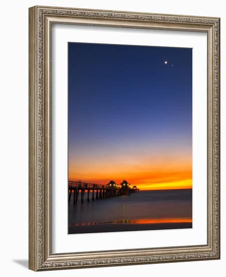 Naples Pier at Sunset with Crescent Moon, Jupiter and Venus-Frances Gallogly-Framed Photographic Print